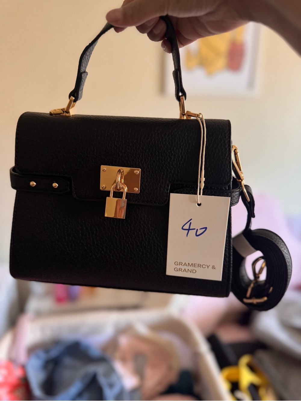 Gramercy & Grand Black Leather Top-Handle Satchel with Gold Lock